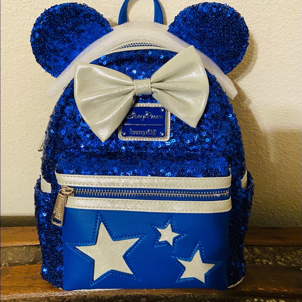 Loungefly Disney Parks Minnie Mouse Wishes Come True Blue Sequin Mini Backpack
